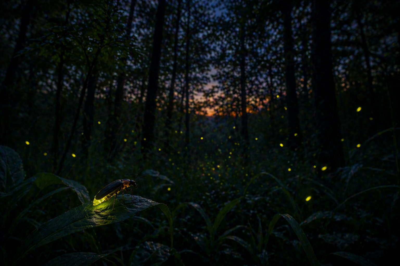 Forêt au crépuscule éclairée par des lucioles