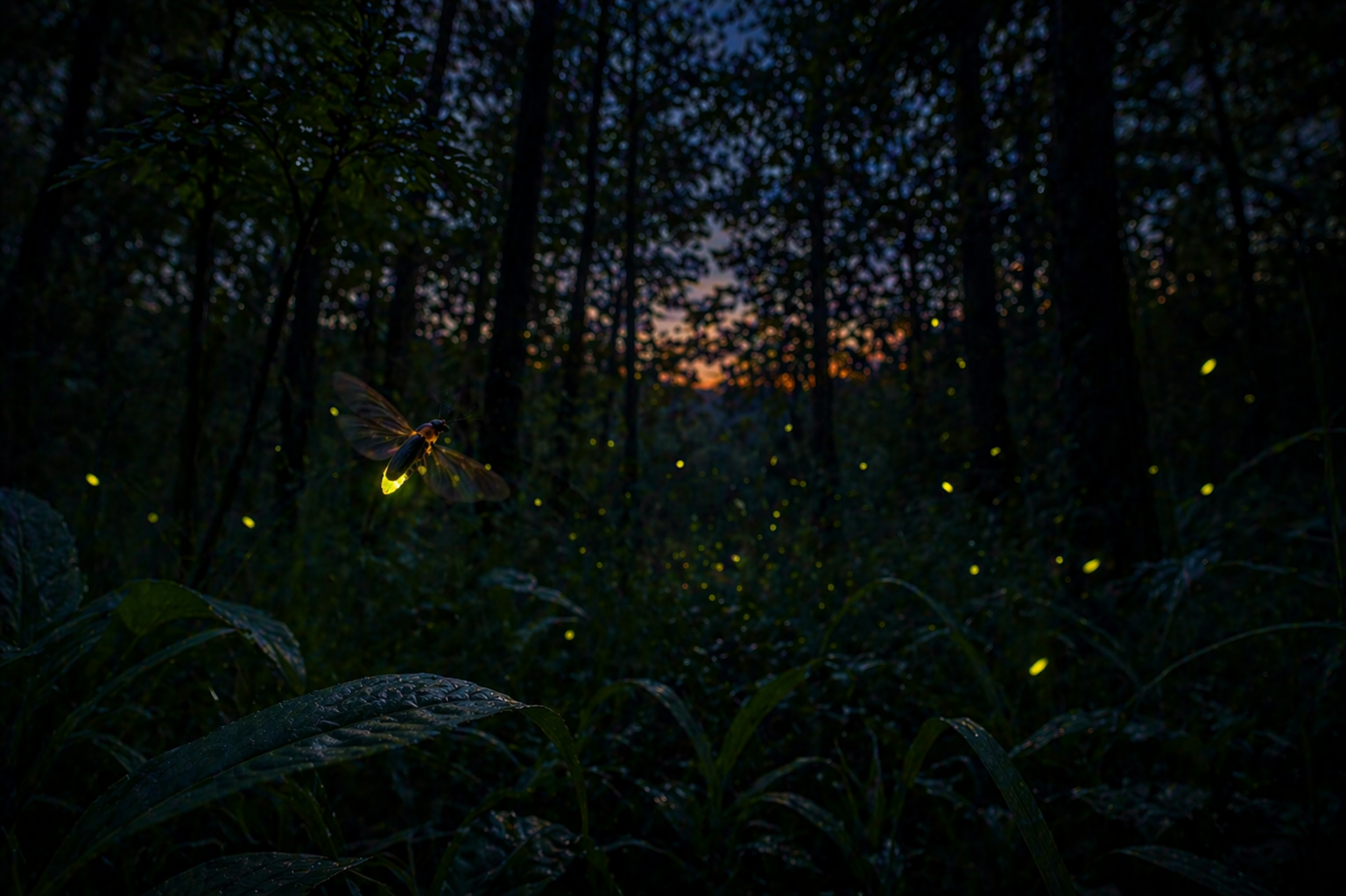 Luciole en vol au-dessus d'une feuille dans une forÃªt au crÃ©puscule
